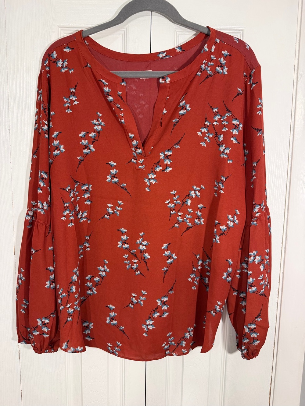 LOFT Floral Split Neck Long Sleeve Blouse L Rust